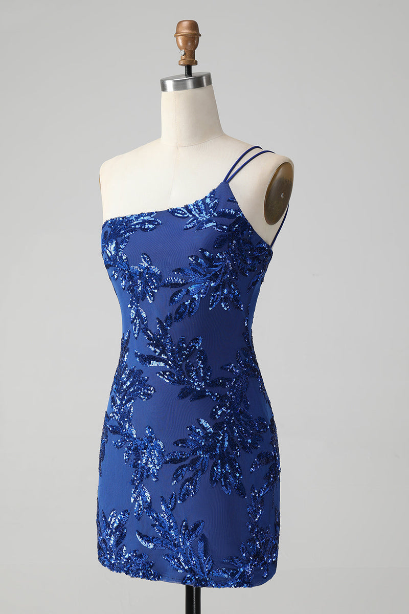 Royal Blue One Shoulder Tight Glitter Unique Design Homecoming Dress  sparkly royal blue homecoming dress - Gem