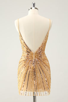 Bodycon Golden Spaghetti Straps Homecoming Dress with Sequins