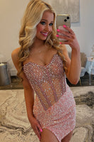 Load image into Gallery viewer, Sparkly Blush Bodycon Sequins Short Corset Homecoming Dress with Slit