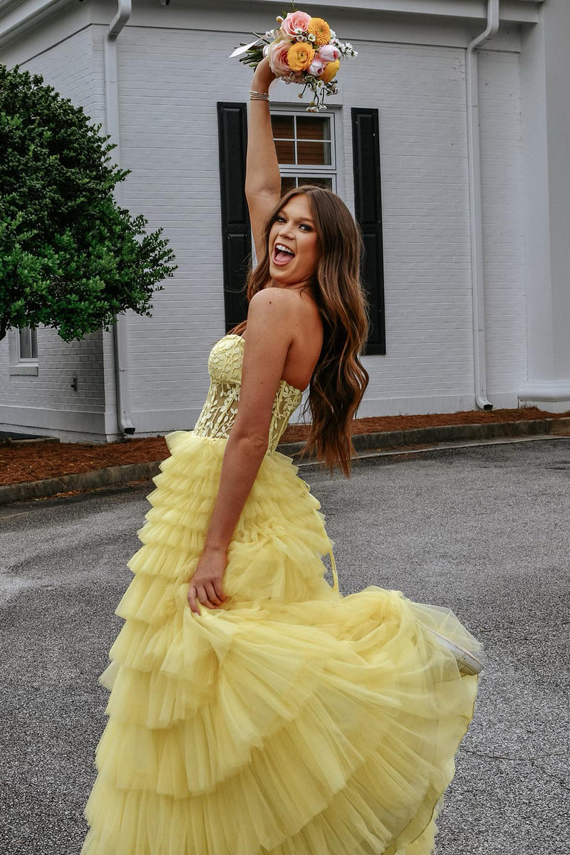 Queendancer Women Yellow Long Prom Dress with Appliques Strapless A