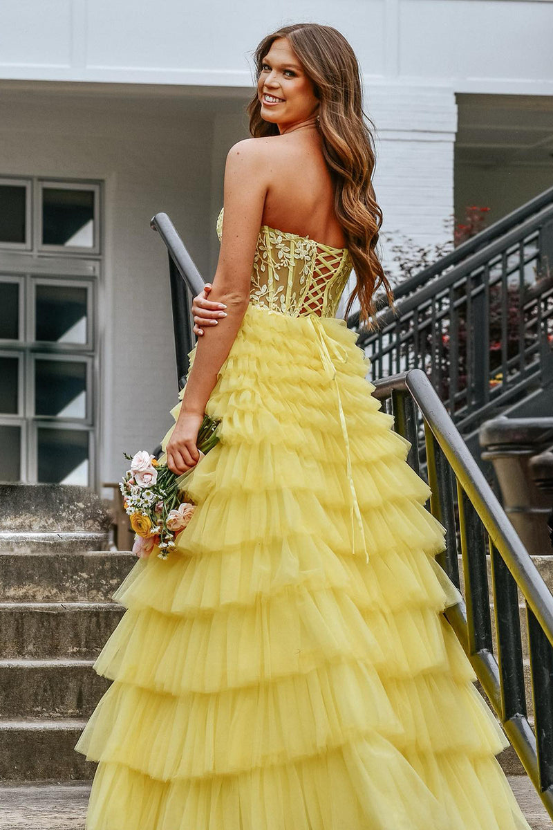 Queendancer Women Yellow Long Prom Dress with Appliques Strapless A