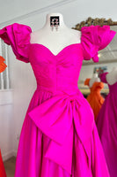 Load image into Gallery viewer, Fuchsia Satin Puff Sleeve A Line Long Prom Dress with Bow
