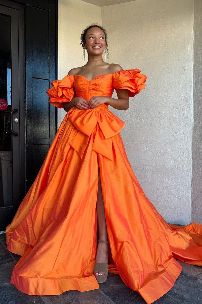 Load image into Gallery viewer, Queendancer Women Orange Puff Sleeve Long Prom Dress with Bow Satin A-Line Sweep Train Formal Dress