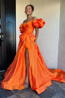 Load image into Gallery viewer, Orange A-Line Bowknot Puff Sleeve Long Prom Dress with Slit