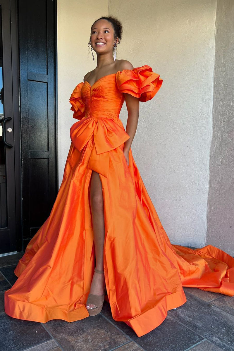 Load image into Gallery viewer, Orange A-Line Bowknot Puff Sleeve Long Prom Dress with Slit