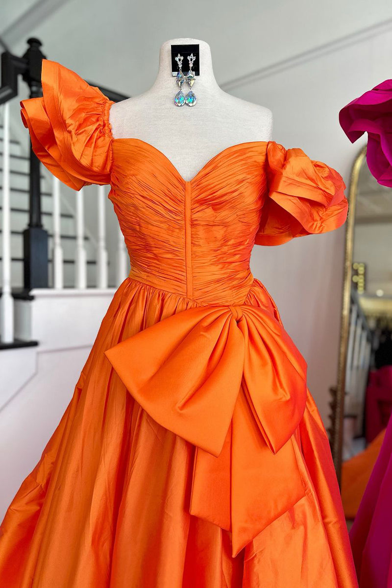 Load image into Gallery viewer, Queendancer Women Fuchsia Puff Sleeve Long Prom Dress Satin A-Line Sweep Train Party Dress with Bow