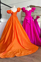 Load image into Gallery viewer, Orange A-Line Bowknot Puff Sleeve Long Prom Dress with Slit