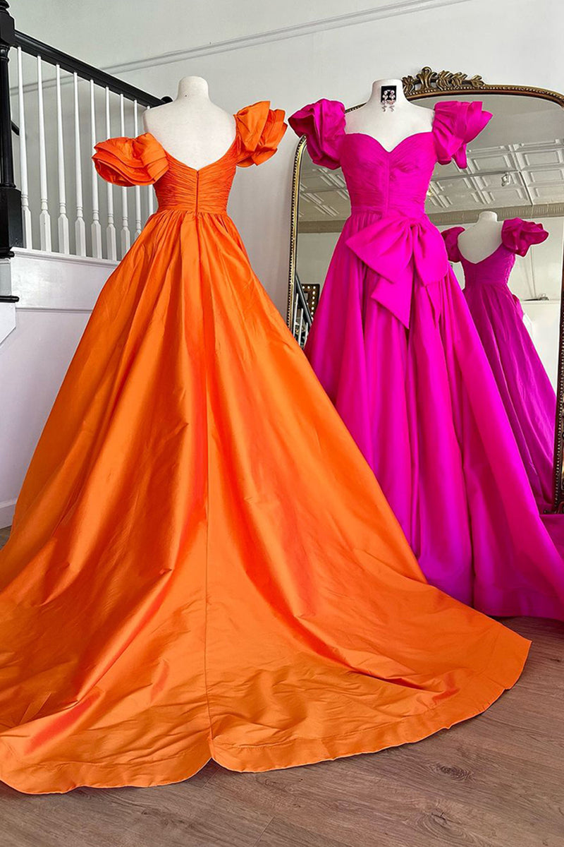 Load image into Gallery viewer, Orange A-Line Bowknot Puff Sleeve Long Prom Dress with Slit