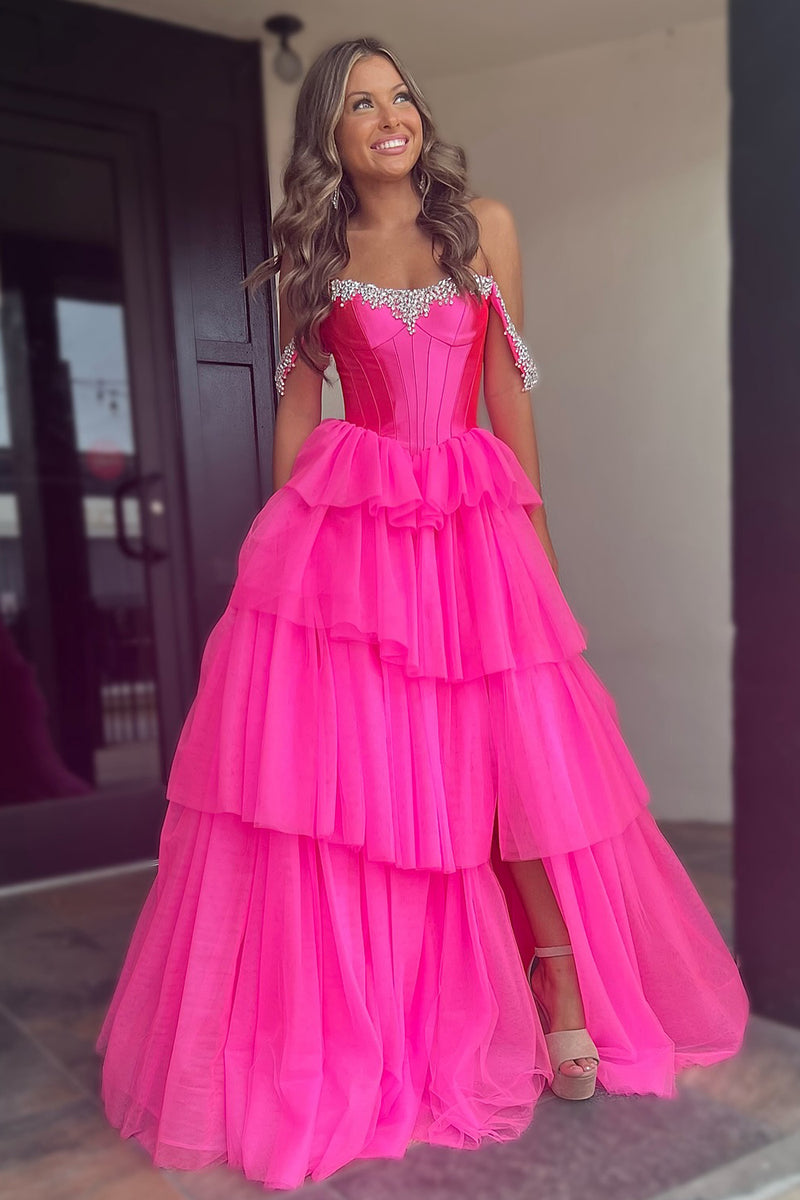 Chic Sheer Corset Short Dress with Slight Slit Fuchsia