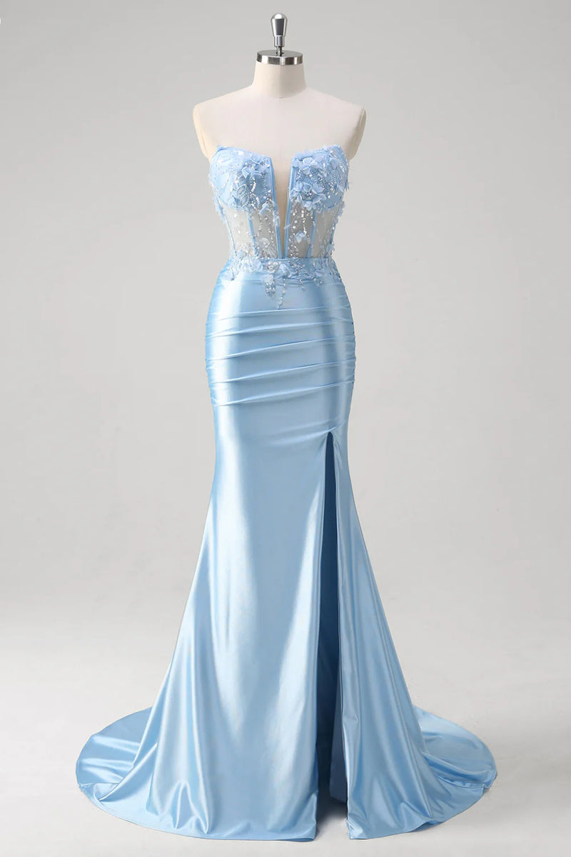 Queendancer Women Sparkly Blue Corset Prom Dress with Slit Satin