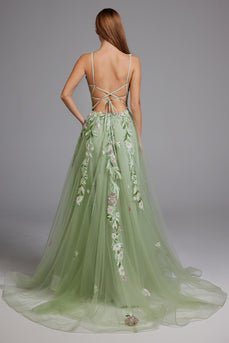 Floral Green Spaghetti Straps A-Line Tulle Long Prom Dress with Slit