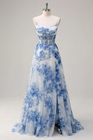 Load image into Gallery viewer, A-Line Spaghetti Straps White Blue Flower Corset Long Prom Dress with Slit