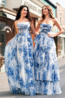 Load image into Gallery viewer, A-Line Spaghetti Straps White Blue Flower Corset Long Prom Dress with Slit