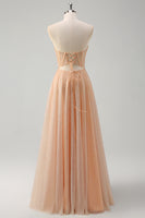 Load image into Gallery viewer, Champagne Glittered Sweetheart Corset Sweep Train Prom Dress with Slit