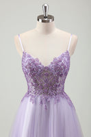 Load image into Gallery viewer, Purple Glittered Applique Spaghetti Straps Corset Prom Dress