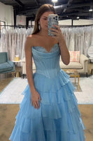 Load image into Gallery viewer, A Line Blue Strapless Corset Tiered Chiffon Long Prom Dress