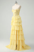 Load image into Gallery viewer, Fuchsia A Line Corset Sweetheart Long Chiffon Prom Dress with Slit
