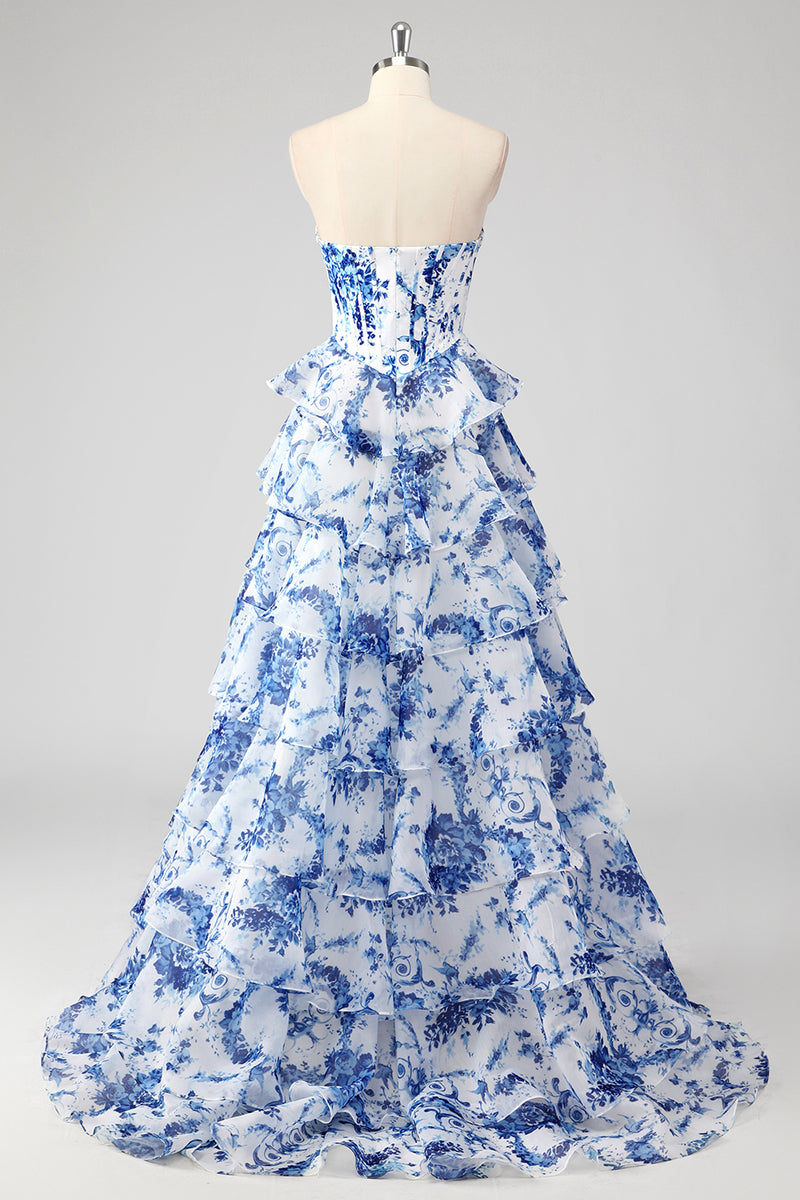 Load image into Gallery viewer, Floral White Blue Sweetheart A Line Tiered Long Corset Prom Dress
