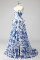 Load image into Gallery viewer, Floral White Blue Sweetheart A Line Tiered Long Corset Prom Dress