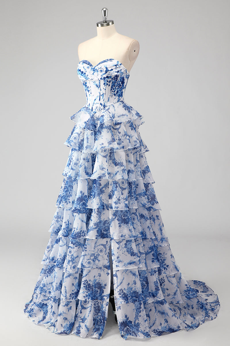 Load image into Gallery viewer, Floral White Blue Sweetheart A Line Tiered Long Corset Prom Dress