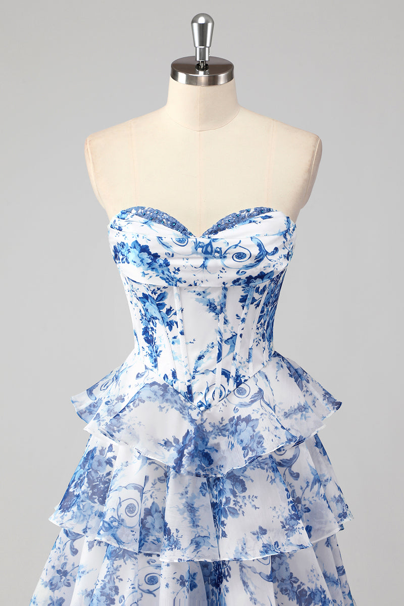 Load image into Gallery viewer, Floral White Blue Sweetheart A Line Tiered Long Corset Prom Dress