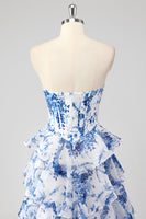 Load image into Gallery viewer, Floral White Blue Sweetheart A Line Tiered Long Corset Prom Dress