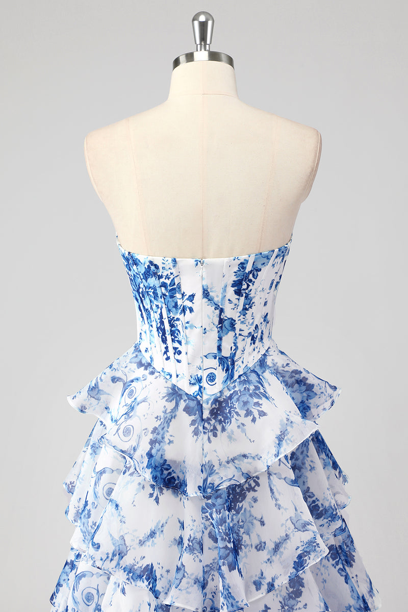 Load image into Gallery viewer, Floral White Blue Sweetheart A Line Tiered Long Corset Prom Dress