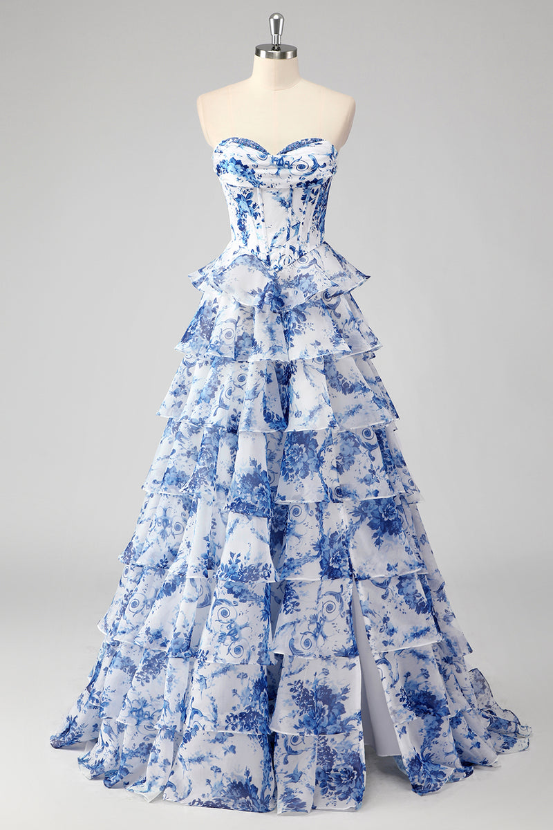 Load image into Gallery viewer, Floral White Blue A Line Tiered Long Corset Prom Dress with Ruffles