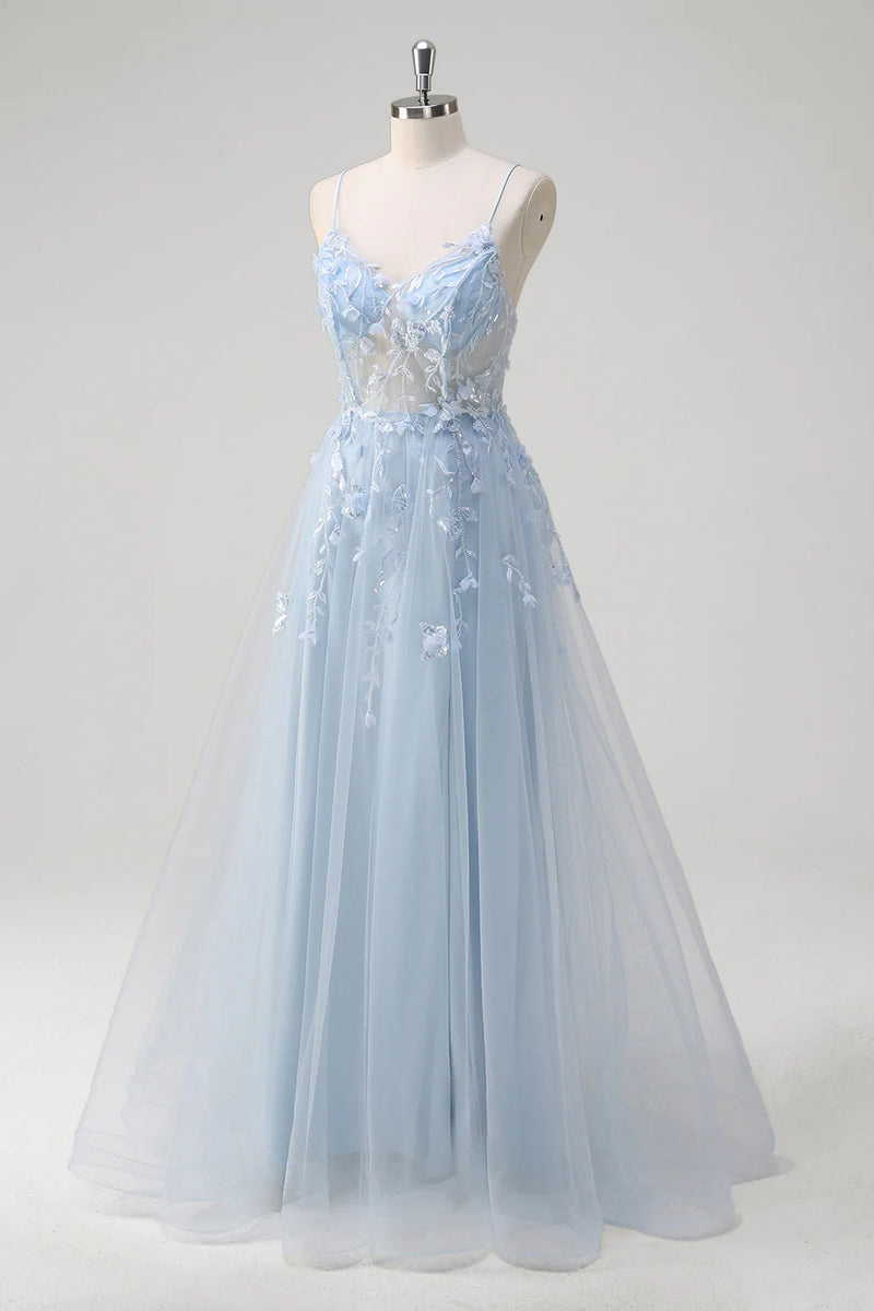 Queendancer Women Sparkly Blue Corset Prom Dress Tulle A Line Spaghetti