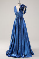 Load image into Gallery viewer, Royal Blue Metallic Pleated Prom Dress with Flowers