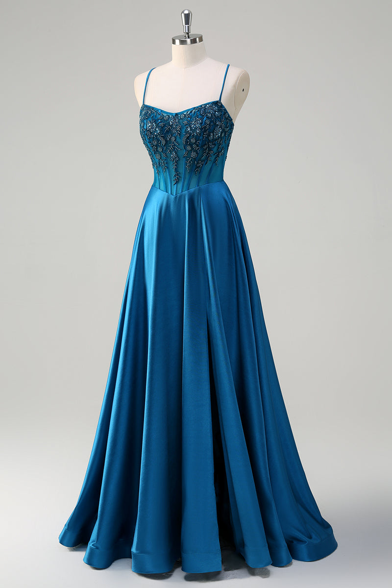 Appliqued Corset Top Short Glitter Prom Dress Blue main image 1