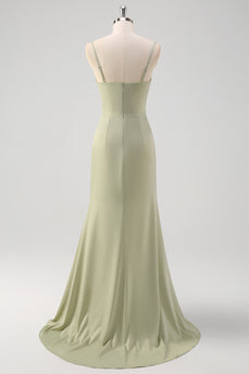 Sage Mermaid Spaghetti Straps Satin Bridesmaid Dress with Slit