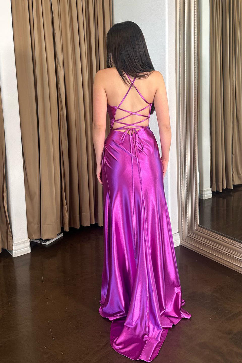 Load image into Gallery viewer, Purple Mermaid Spaghetti Straps Lace Up Prom Dress With Slit
