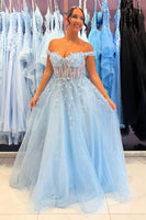 Load image into Gallery viewer, Sparkly Sky Blue Corset Off The Shoulder Long Prom Dress