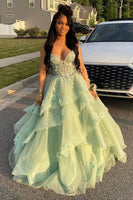 Load image into Gallery viewer, Princess Sage Corset A Line Long Prom Dress with Appliques