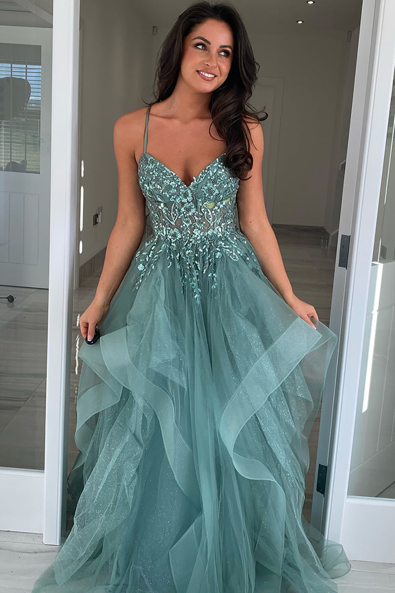 Load image into Gallery viewer, Sparkly Grey Green Corset A Line Long Prom Dress with Appliques