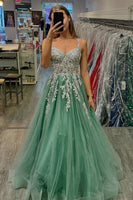 Load image into Gallery viewer, Sparkly Sage Appliqued A Line Long Prom Dress