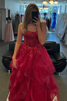 Load image into Gallery viewer, Sparkly Fuchsia A Line Corset Tiered Long Prom Dress