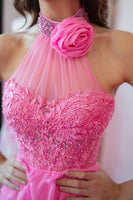 Load image into Gallery viewer, Hot Pink Corset Halter Tiered Prom Dress with Appliques