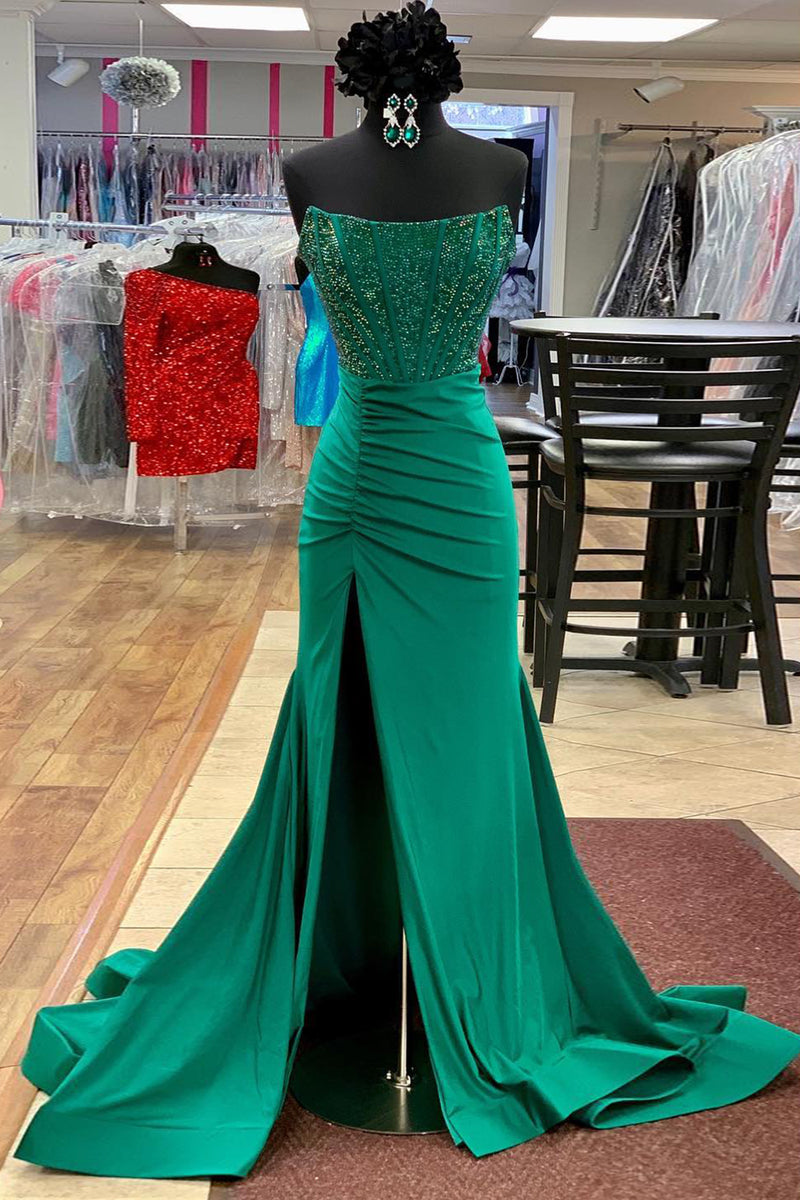 Queendancer Women Sparkly Emerald Green Corset Prom Dress with Beading