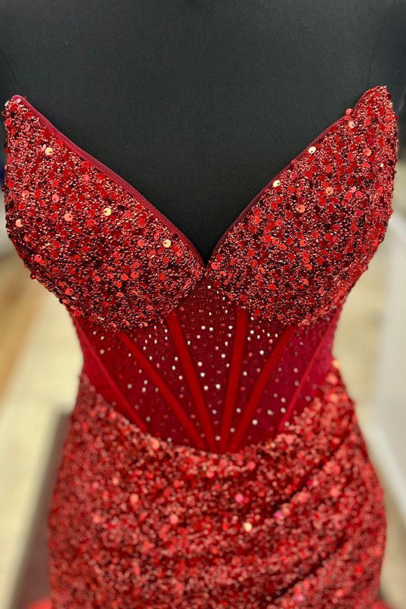 Queendancer Women Sparkly Red Corset Prom Dress with Slit Sequin