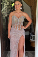 Load image into Gallery viewer, Emerald Green Sparkly Corset Mermaid Long Prom Dress with Slit