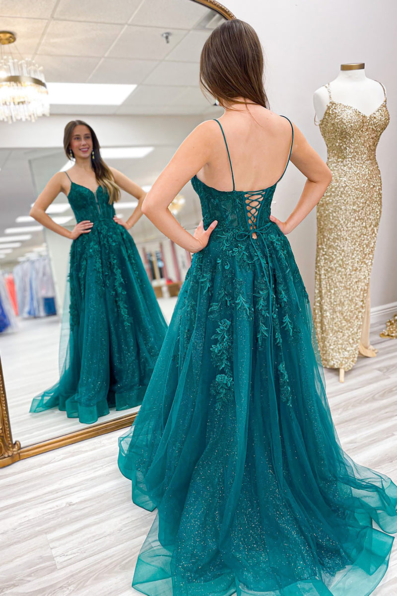 Queendancer Women Sparkly Emerald Green Corset Prom Dress with