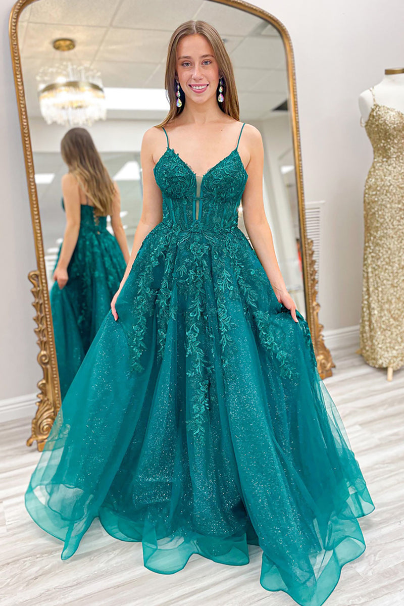 Queendancer Women Sparkly Emerald Green Corset Prom Dress with