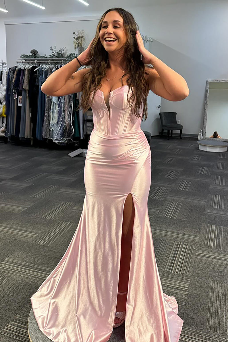 Queendancer Women Sparkly Light Pink Corset Prom Dress with Slit Satin