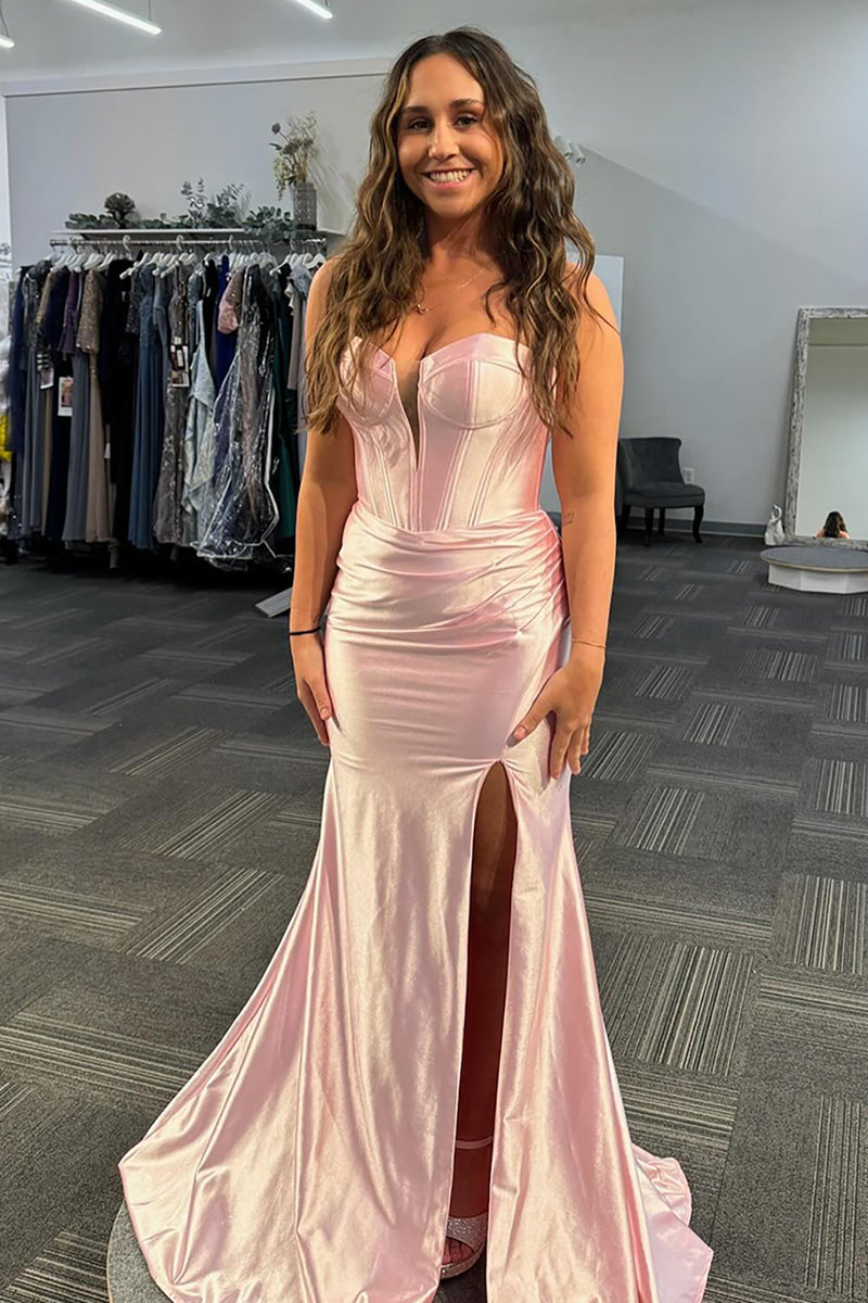 Queendancer Women Sparkly Light Pink Corset Prom Dress with Slit Satin
