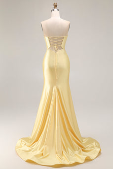 Sparkly Yellow Satin Mermaid Beaded Long Prom Dress with Keyhole