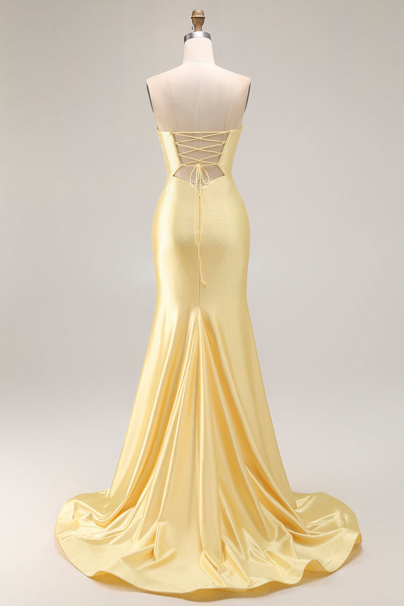 Load image into Gallery viewer, Sparkly Yellow Satin Mermaid Beaded Long Prom Dress with Keyhole