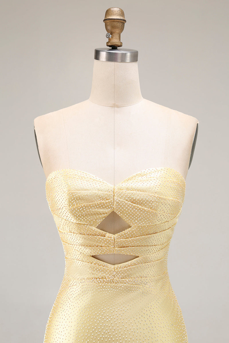Load image into Gallery viewer, Sparkly Yellow Satin Mermaid Beaded Long Prom Dress with Keyhole