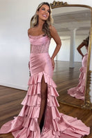 Load image into Gallery viewer, Sparkly Blush Corset Tiered Long Prom Dress with Slit